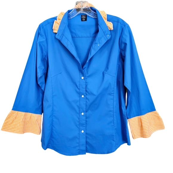 Nwot Pearly Vines Blue Button Down Blouse with Orange Gingham Neck/Sleeves - Picture 6 of 10